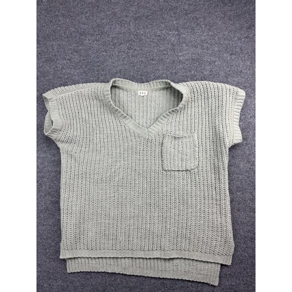 POL Sweater Women's M Green Short Sleeve V Neck Knit Pullover Pocket Split Hem - Picture 1 of 6